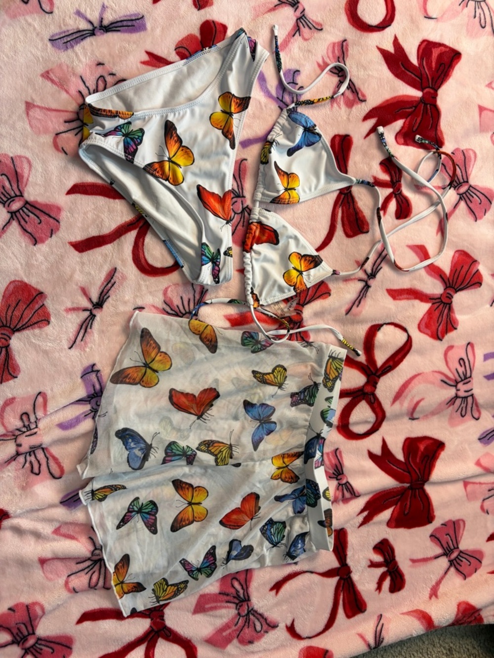 SHEIN White Bikini with Multicolor Butterfly Print and Sheer Cover-Up